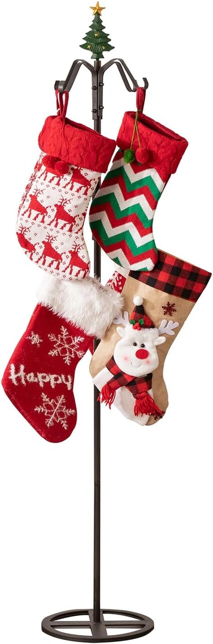 Freestanding Christmas Stocking Holder Tree, 67" Height Stocking Stand for Floor with 8 Stocking Hooks, Metal Stocking Hanger Stand with Vivid Cast Iron Christmas Tree Top, Christmas Decor Rack for Ho